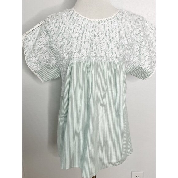 J.MARIE Paxton Embroidered Top Babydoll Green Pinstriped Boho Cruise Beach XS - Picture 4 of 5